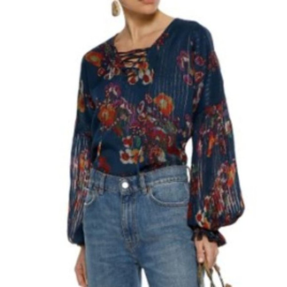 Walter Baker Castro Lace Up Sheer Metallic Blouse